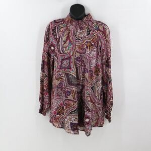 Chicos Womens Smocked High Neck Paisley Long Sleeve Blouse Size 1 US Medium